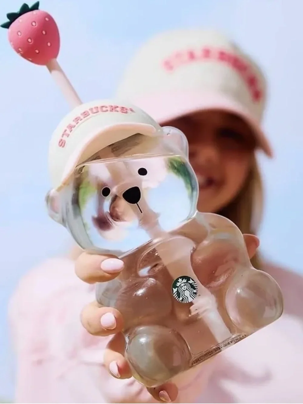 NEW Pink 💕 Starbucks Bear 🐻 Glass Cup Strawberry Straw Tumbler RARE, NEW SEALED